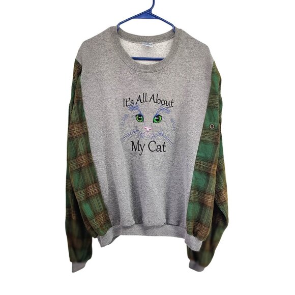 Upcycled It's All About My Cat Embroidered Oversized Sweatshirt Corduroy Flannel - Picture 1 of 9
